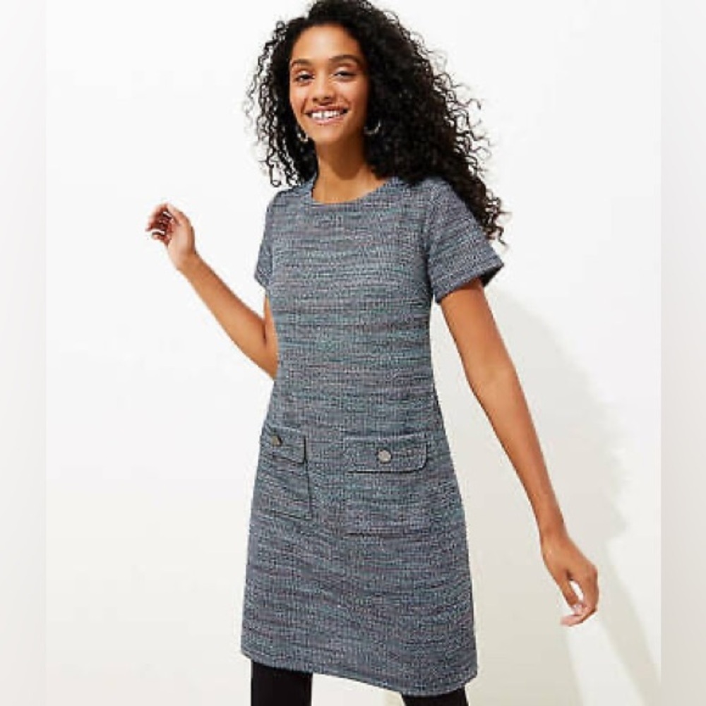 LOFT Tweed Textured Blue Shift Dress with Front Pockets​